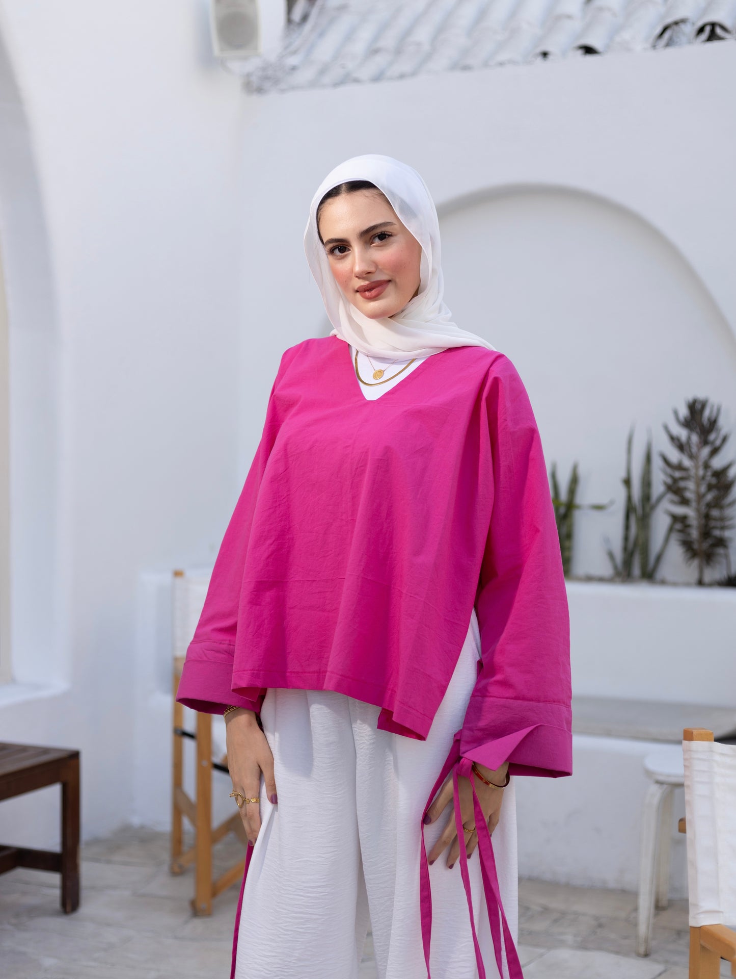 Mia Linen Top-Hot Pink