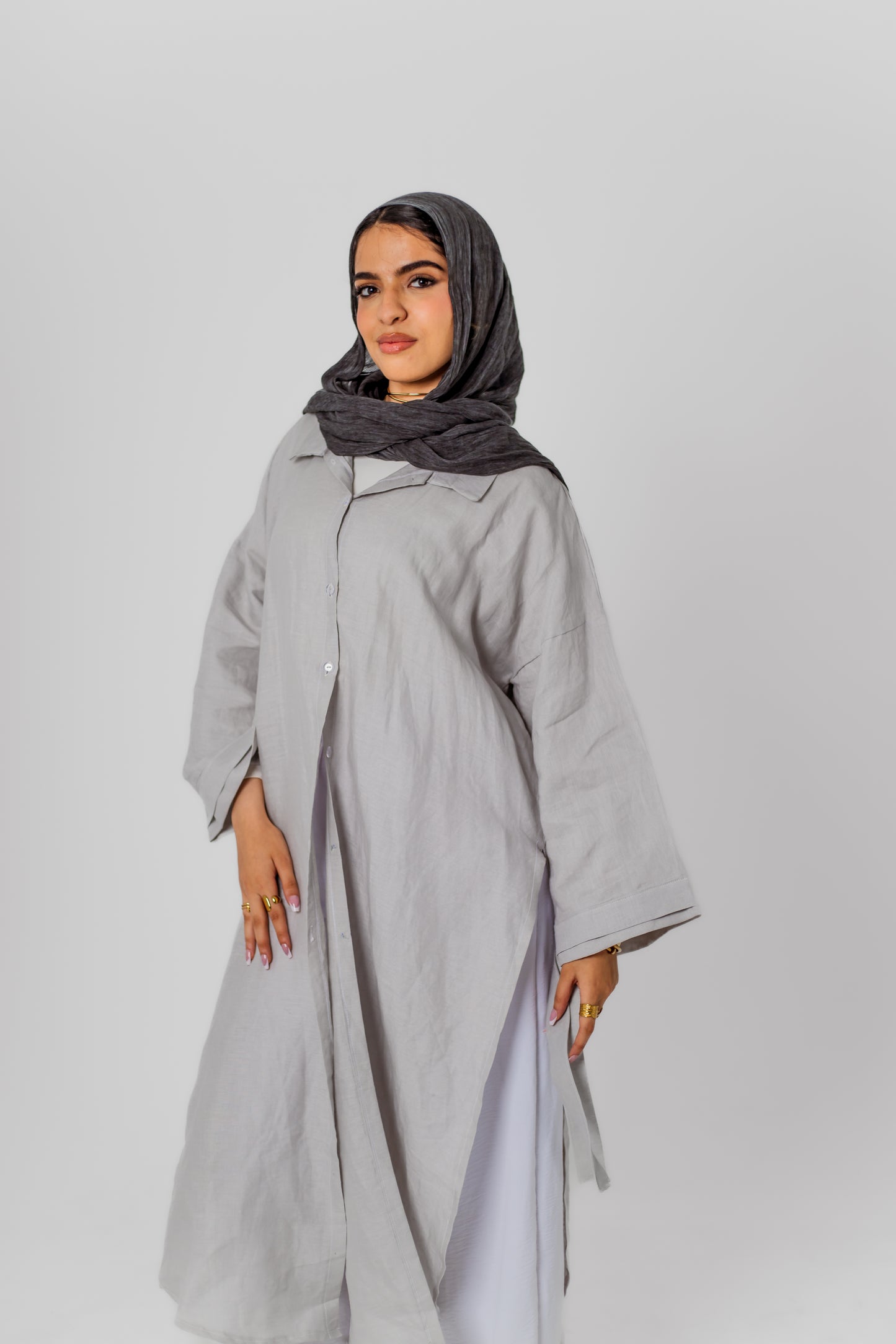 Linen Long Shirt-Light Gray