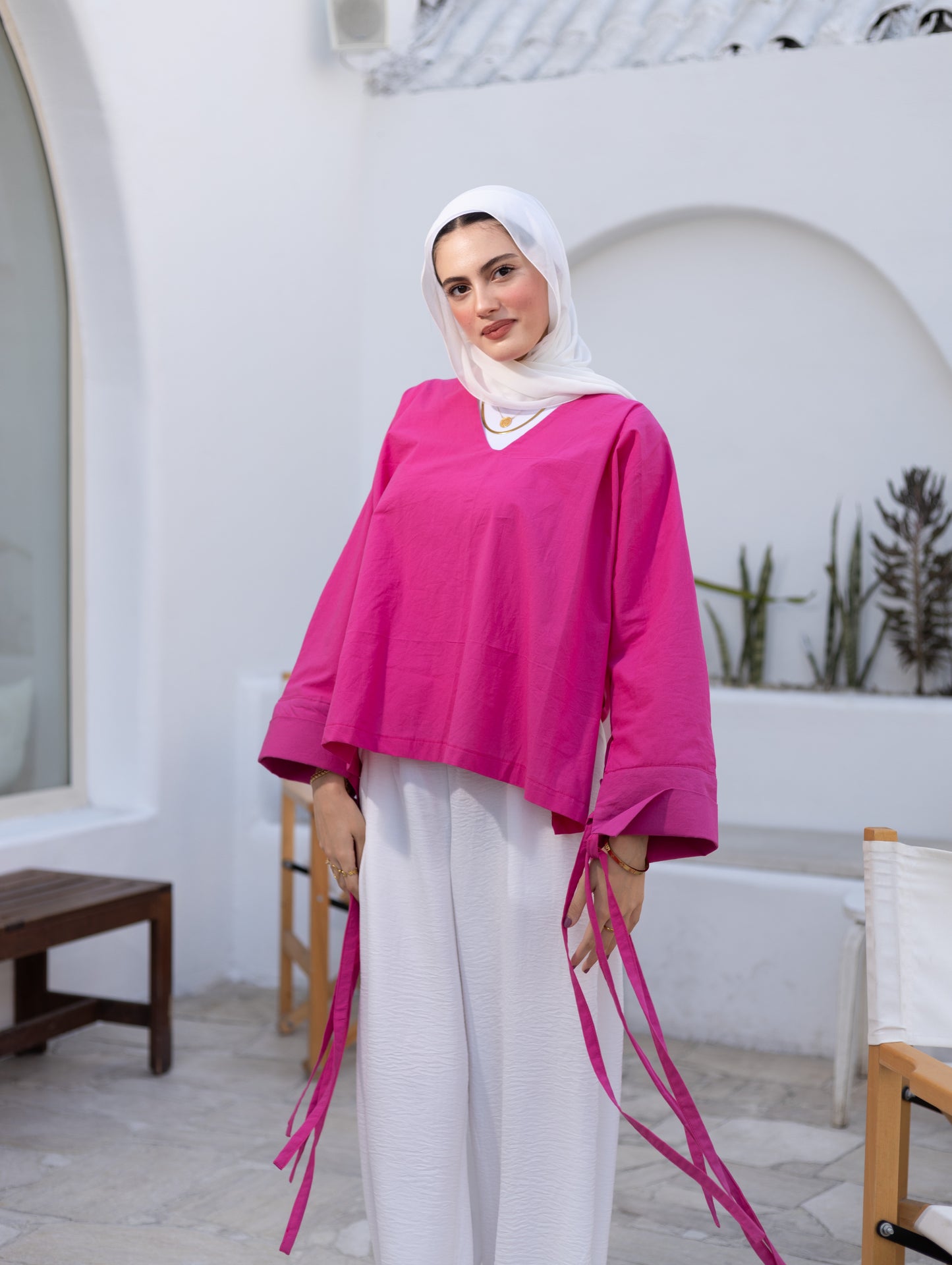 Mia Linen Top-Hot Pink