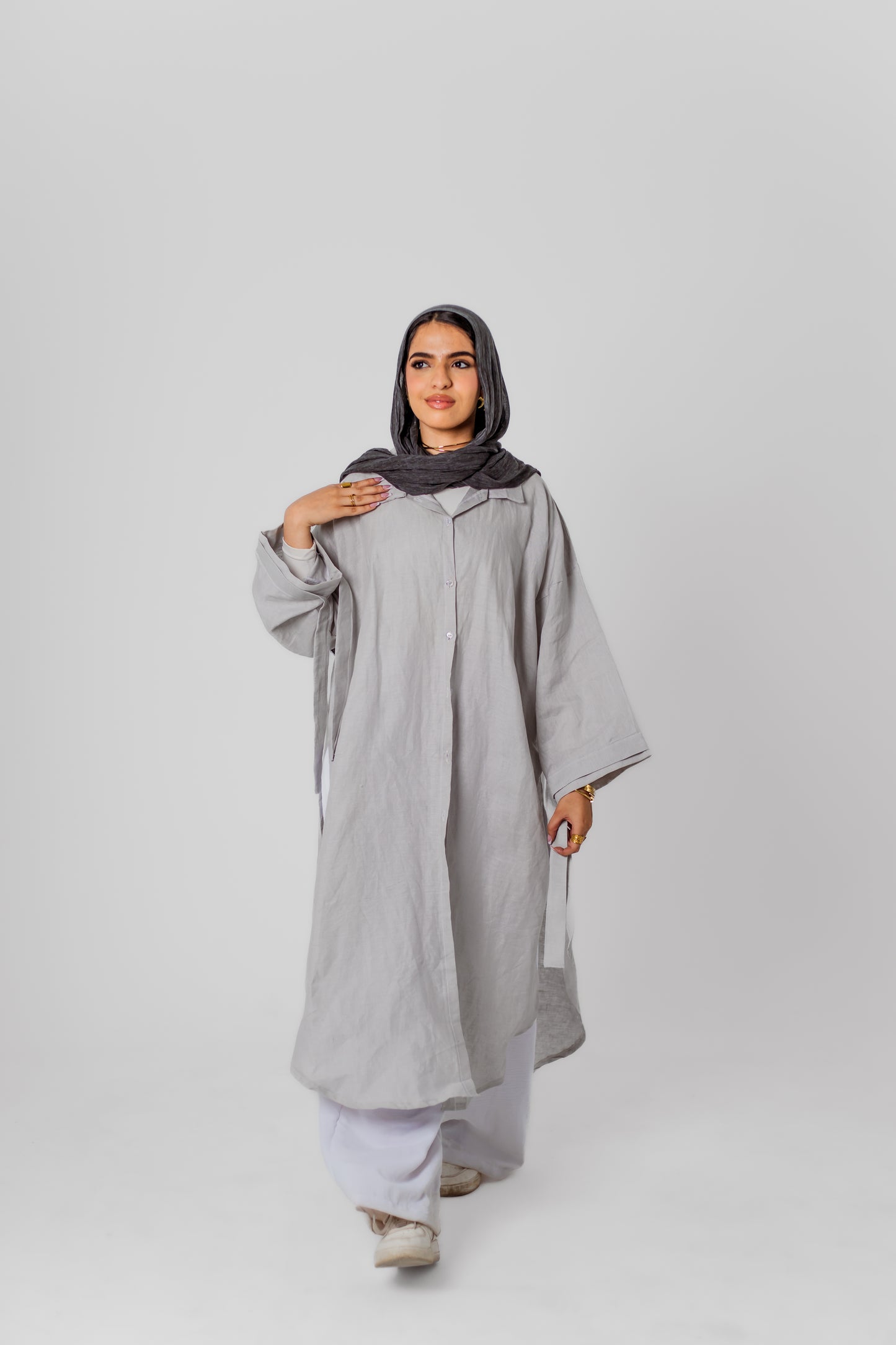 Linen Long Shirt-Light Gray