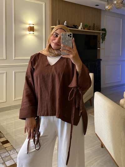 Mia Linen Top in Brown